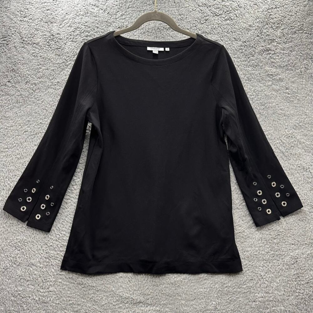 Chico's Size 1 Medium Black Top Rhinestone Grommets on Sleeves Flashy Casual EUC